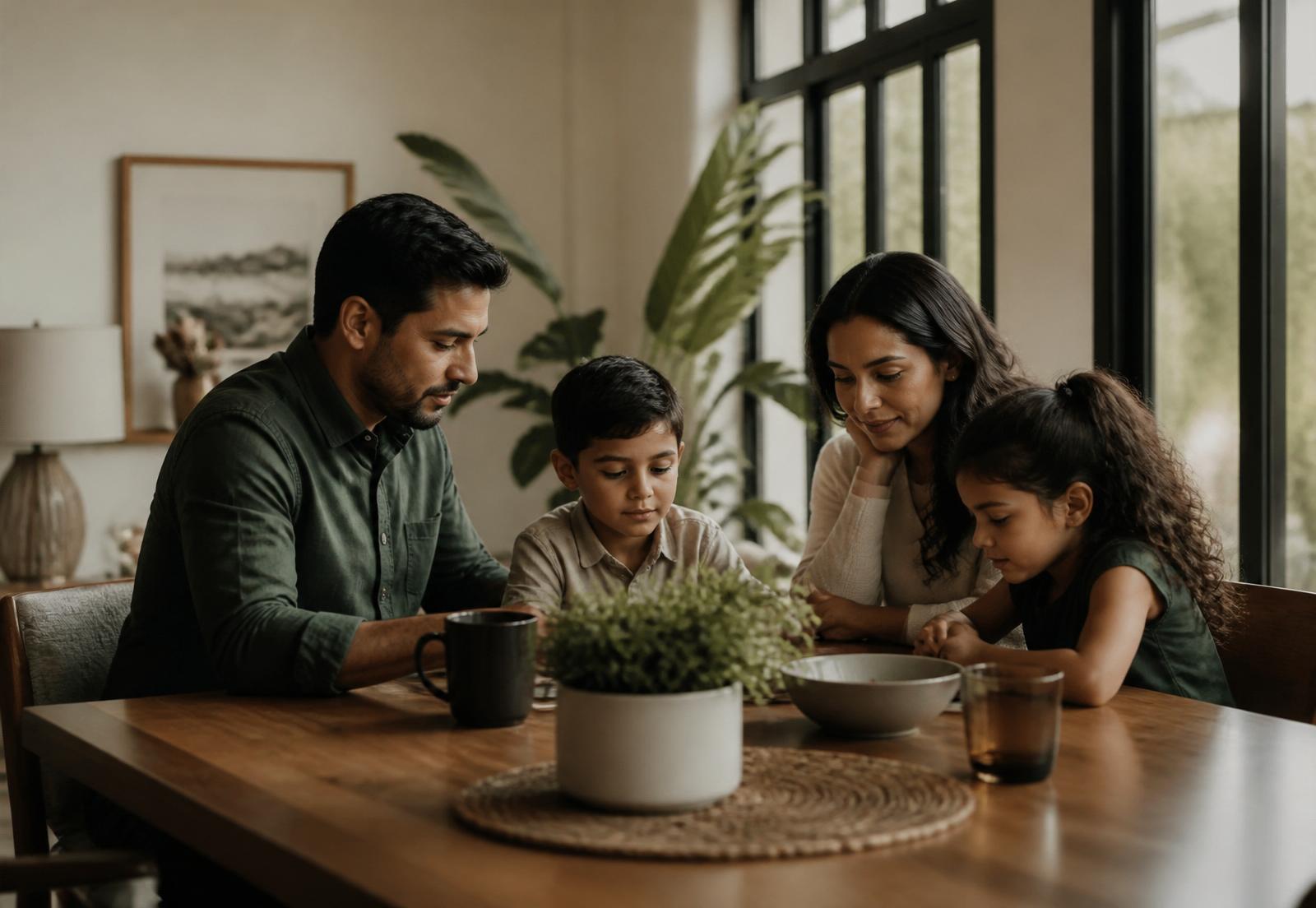 Familia hispana en su hogar
